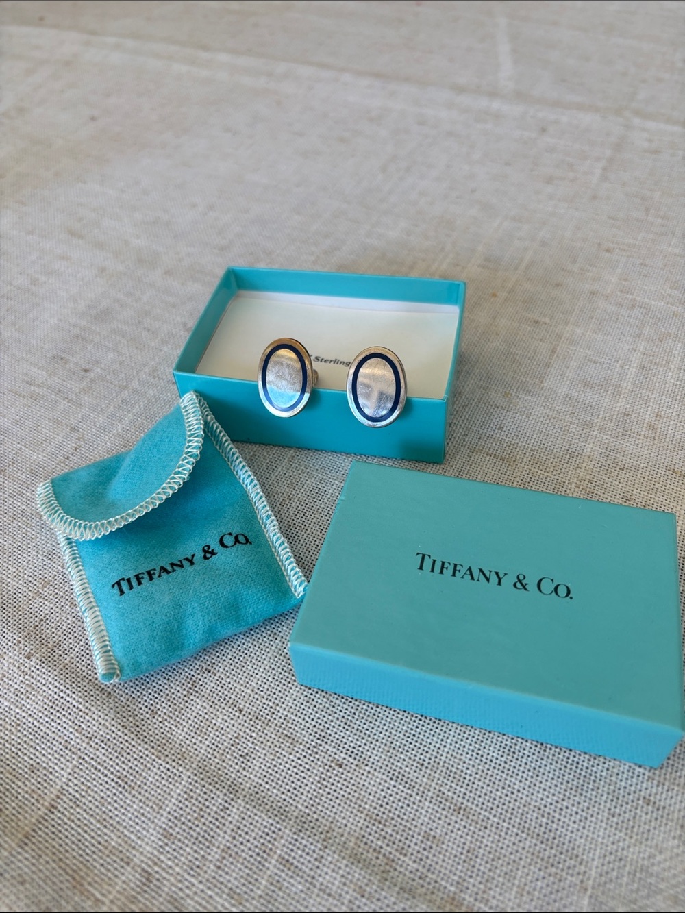 Tiffany & Co. Sterling Silver Oval Cufflinks with Blue Trim